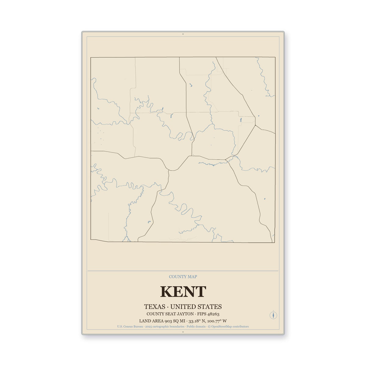 Kent County, Texas Map Aluminum Sign in Heritage Nautical style