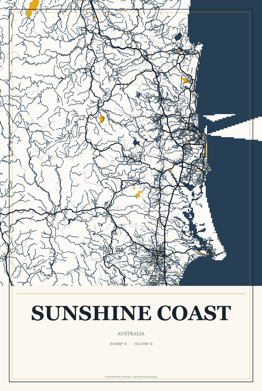 Sunshine Coast, Australia City Map Aluminum Sign in Citrine Modern style