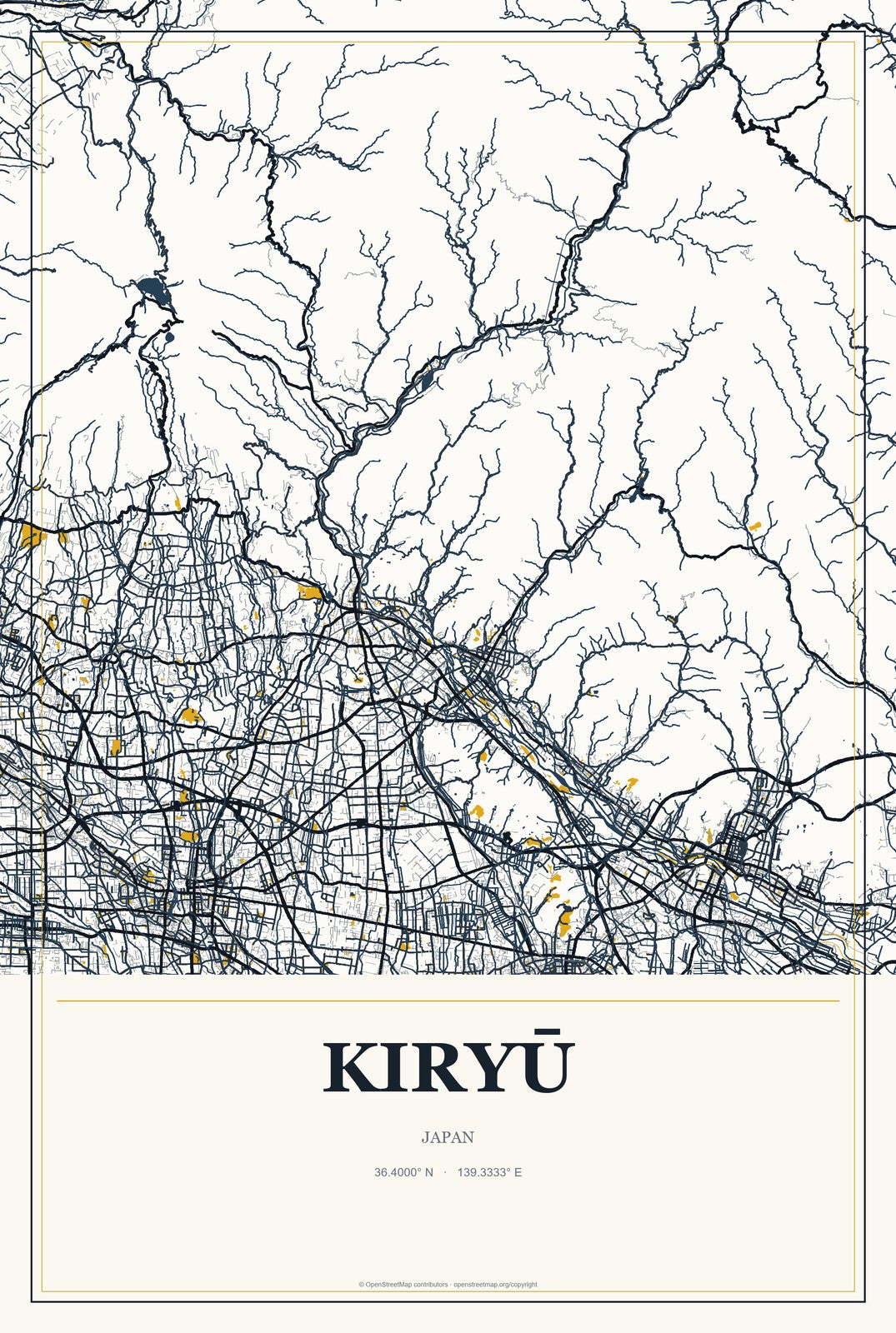 Kiryū, Japan City Map Aluminum Sign in Citrine Modern style
