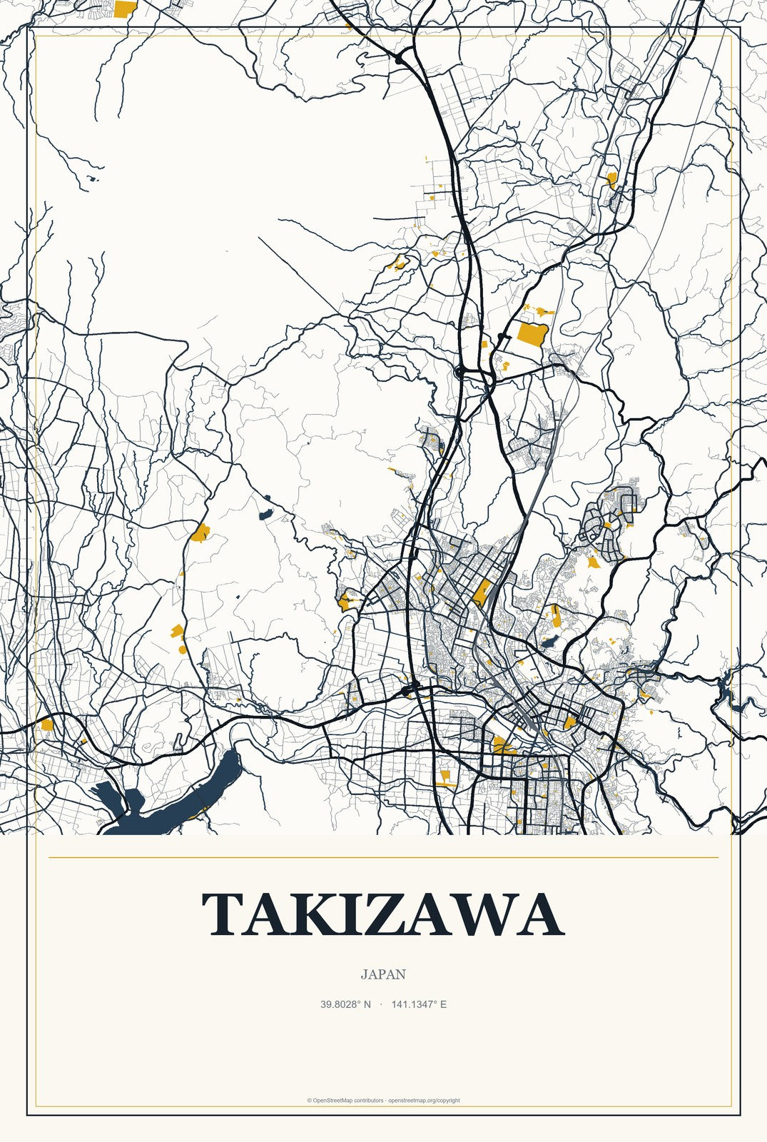 Takizawa, Japan City Map Aluminum Sign in Citrine Modern style