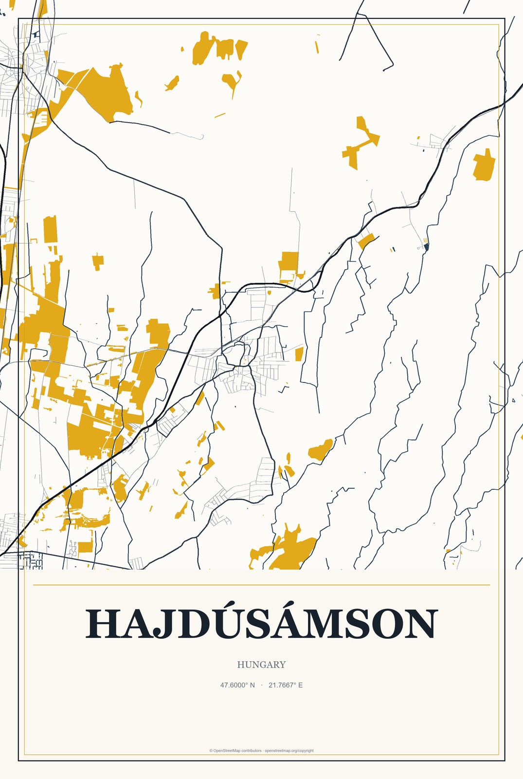 Hajdúsámson, Hungary City Map Aluminum Sign in Citrine Modern style