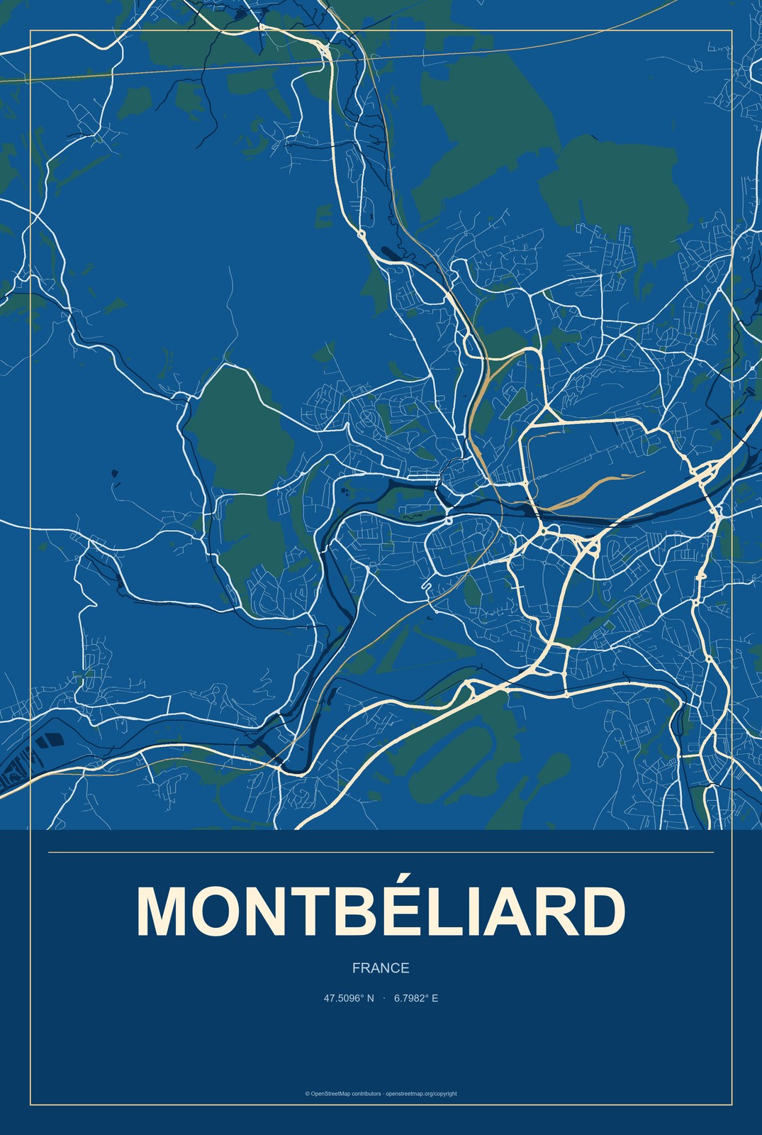 Montbéliard, France City Map Aluminum Sign in Harbor Cobalt style