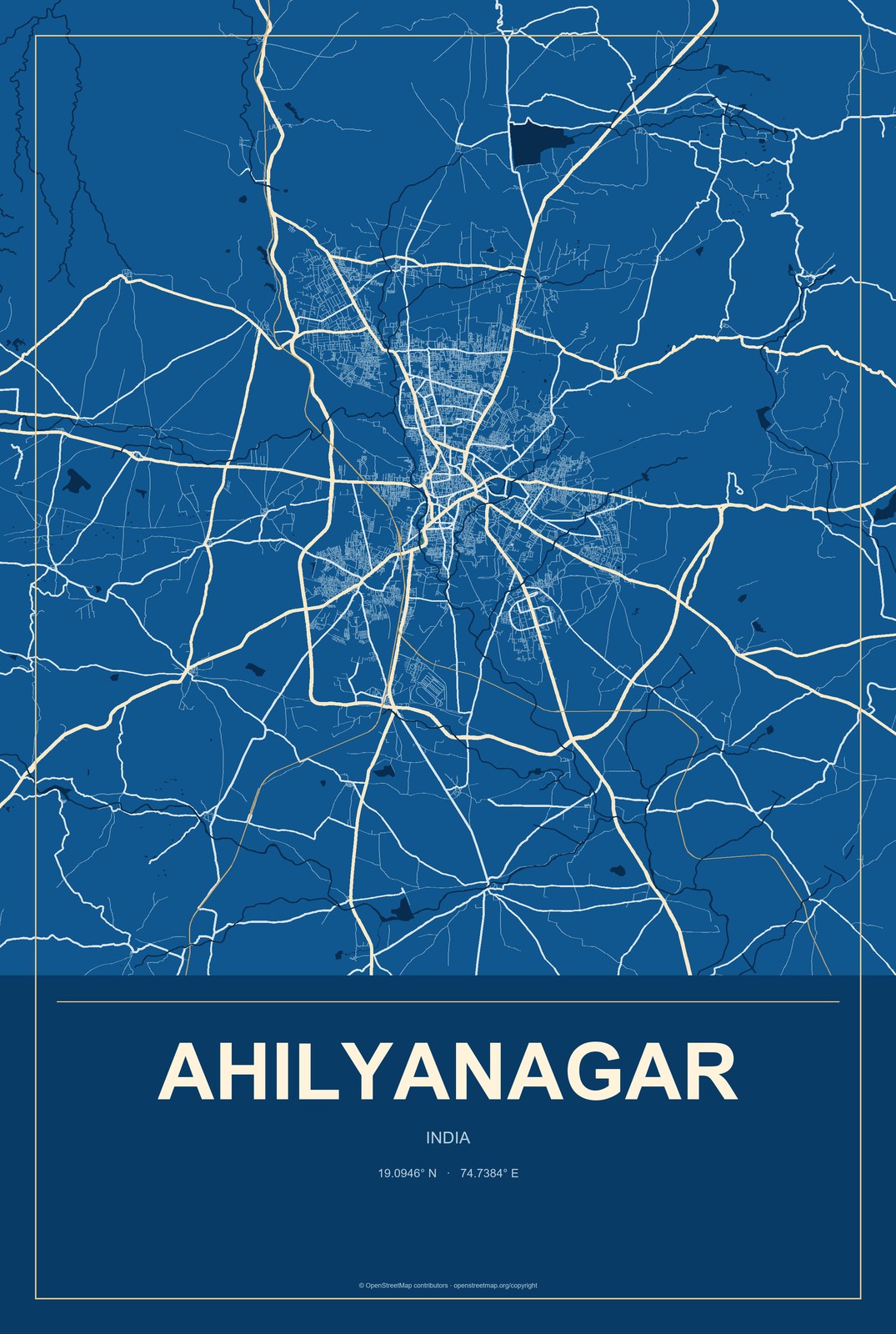 Ahilyanagar, India City Map Aluminum Sign in Harbor Cobalt style