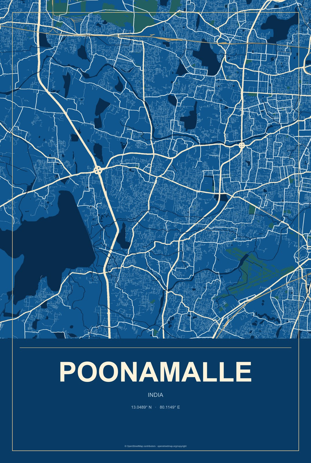 Poonamalle, India City Map Aluminum Sign in Harbor Cobalt style
