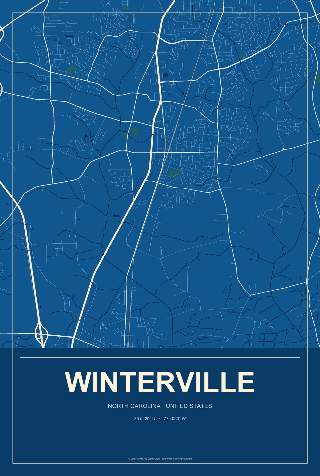 Winterville, North Carolina City Map Aluminum Sign in Harbor Cobalt style