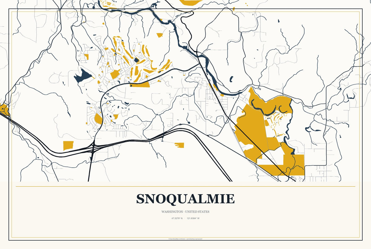 Snoqualmie, Washington City Map Aluminum Sign in Citrine Modern style
