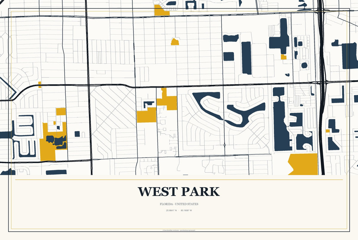 West Park, Florida City Map Aluminum Sign in Citrine Modern style