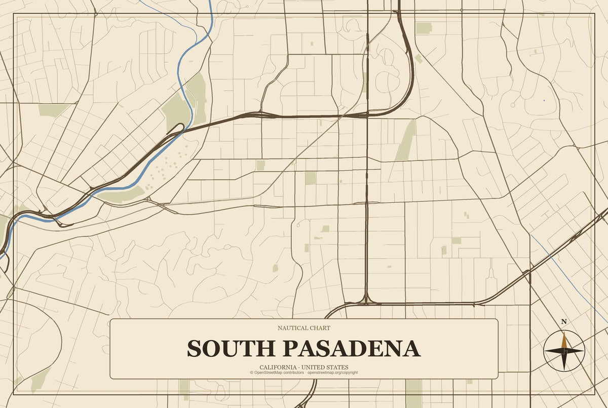 South Pasadena, California City Map Aluminum Sign in Heritage Nautical style