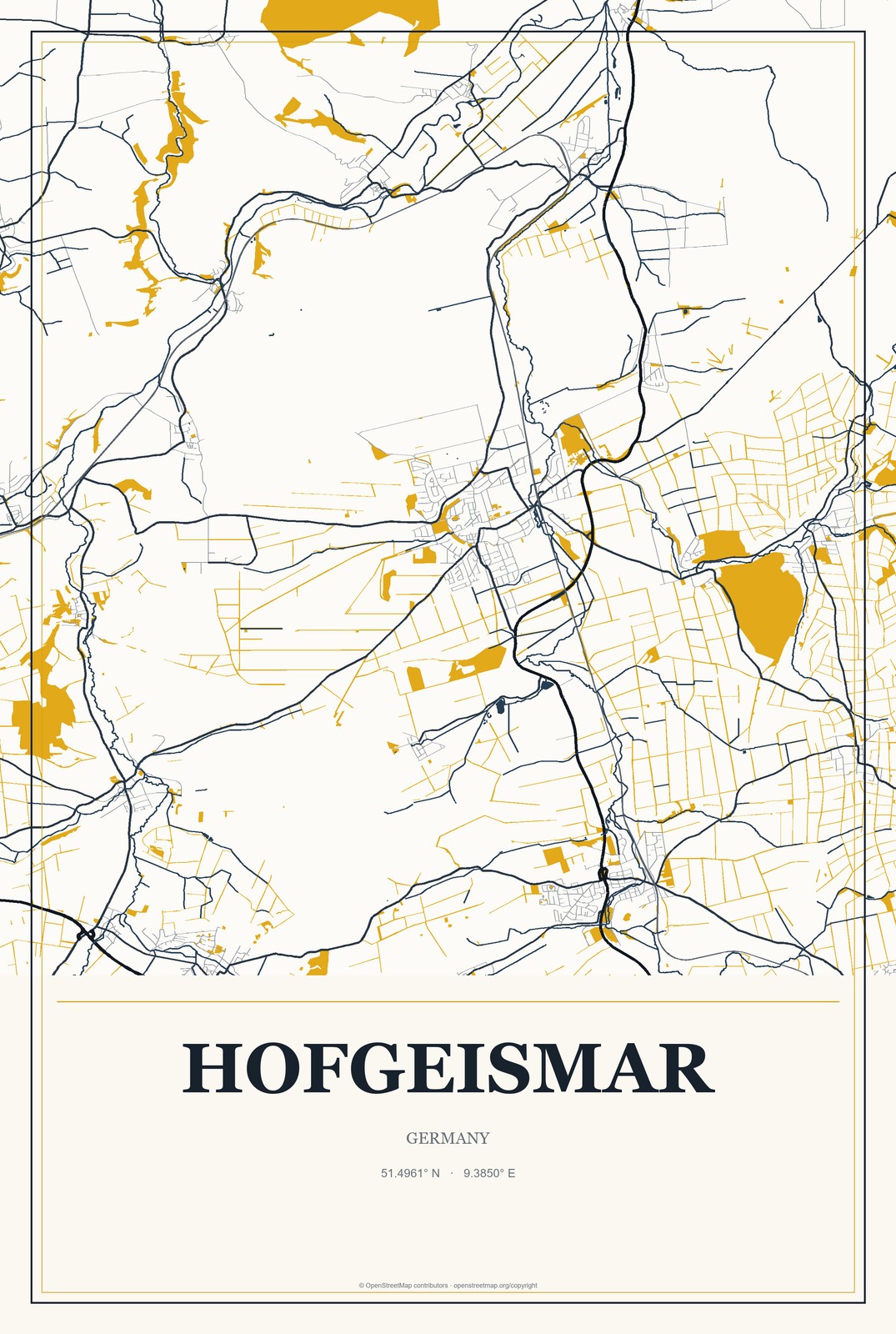 Hofgeismar, Germany City Map Aluminum Sign in Citrine Modern style