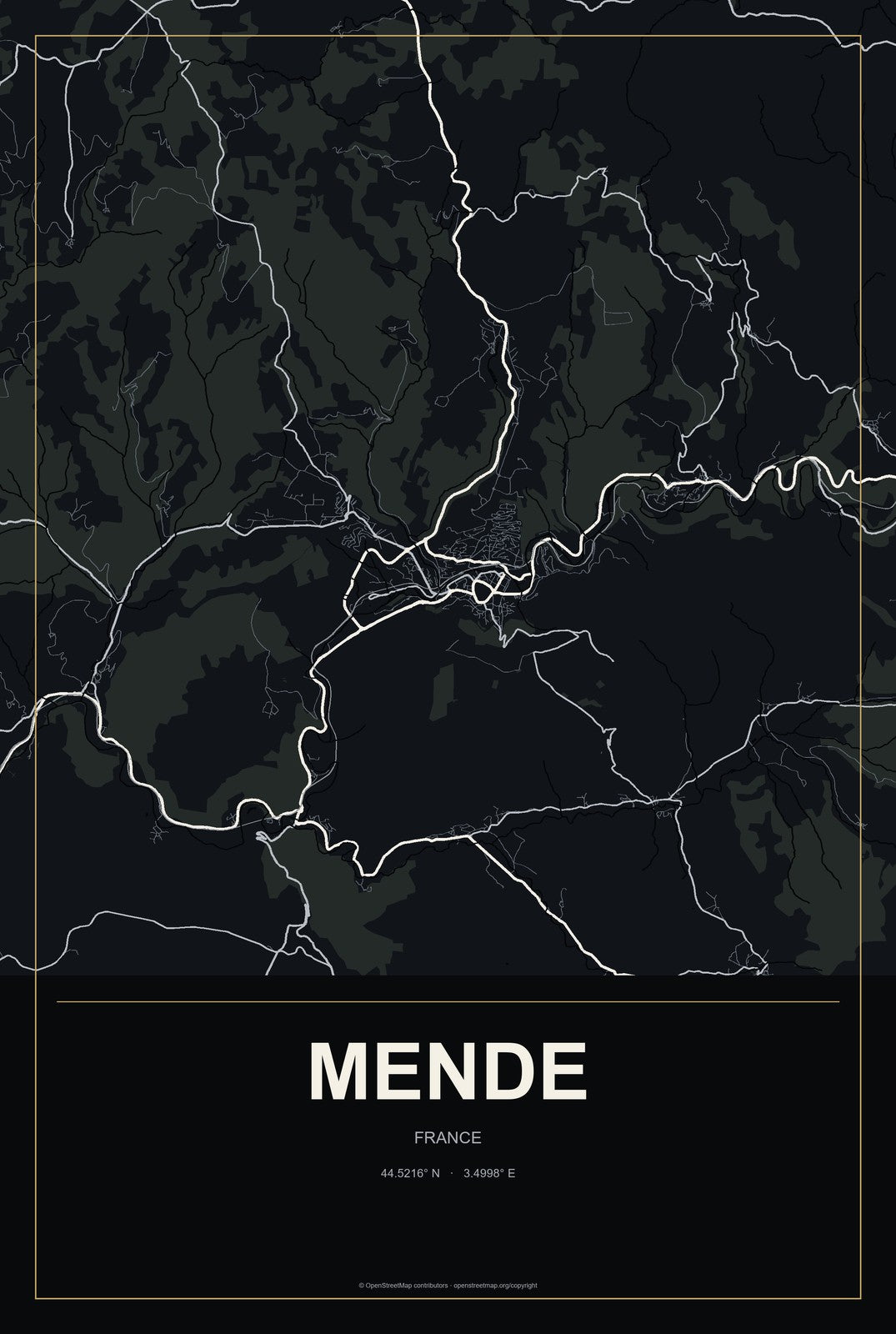 Mende, France City Map Aluminum Sign in Metropolitan Noir style