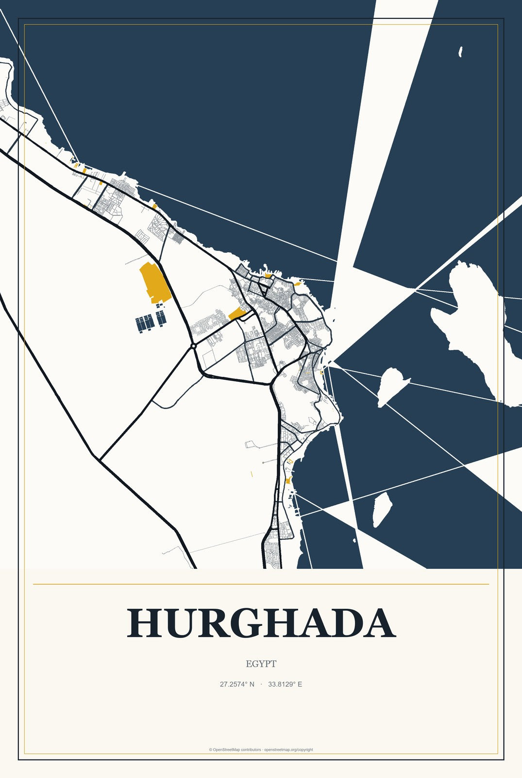 Hurghada, Egypt City Map Aluminum Sign in Citrine Modern style