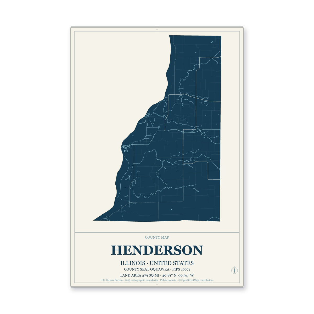 Henderson County, Illinois Map Aluminum Sign in Coastal Cutout style