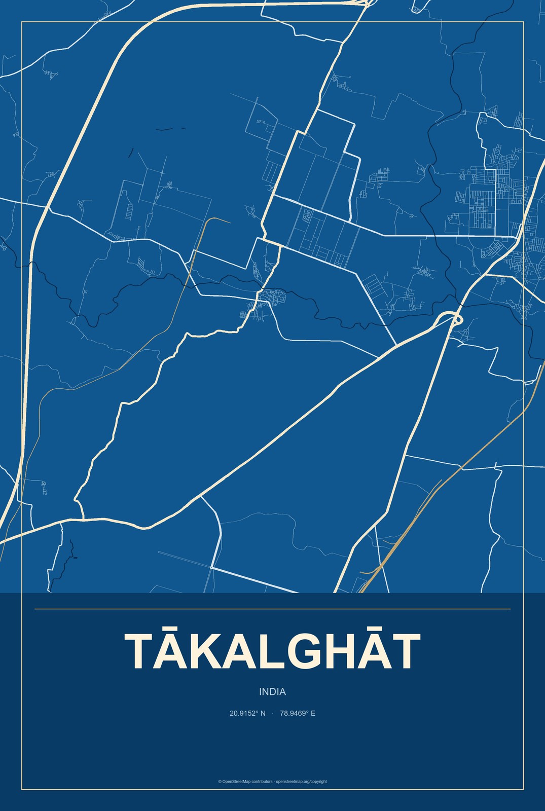 Tākalghāt, India City Map Aluminum Sign in Harbor Cobalt style