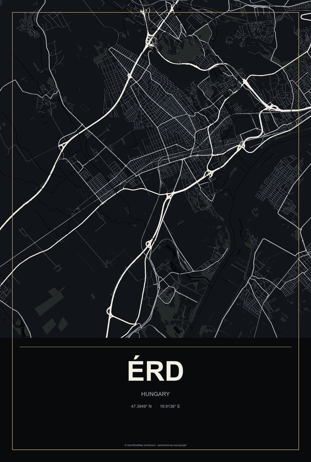 Érd, Hungary City Map Aluminum Sign in Metropolitan Noir style