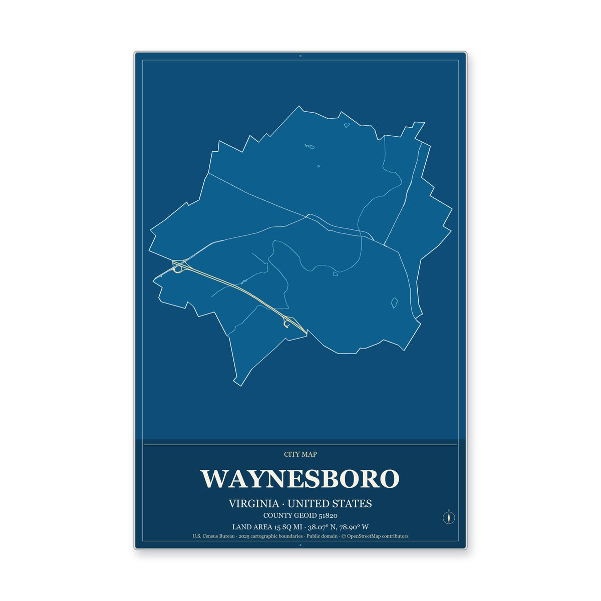 Waynesboro city, Virginia Map Aluminum Sign in Harbor Cobalt style