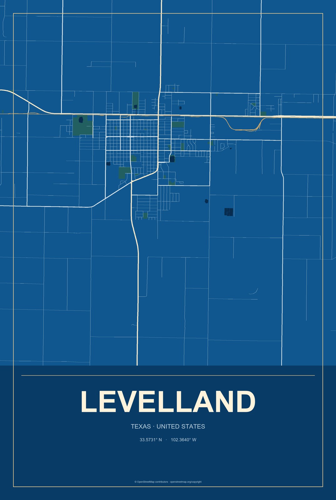 Levelland, Texas City Map Aluminum Sign in Harbor Cobalt style