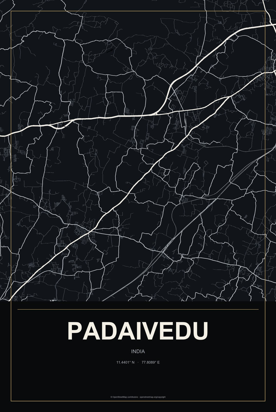 Padaivedu, India City Map Aluminum Sign in Metropolitan Noir style