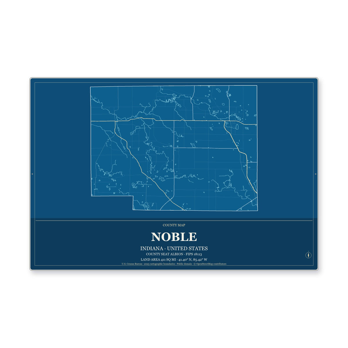 Noble County, Indiana Map Aluminum Sign in Harbor Cobalt style