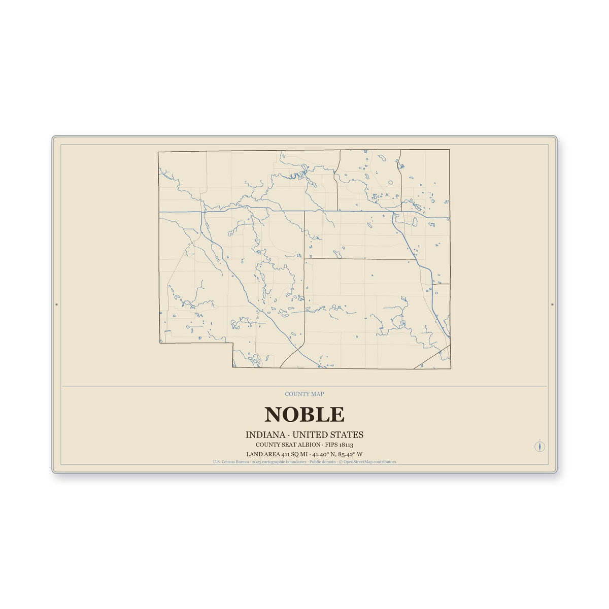 Noble County, Indiana Map Aluminum Sign in Heritage Nautical style