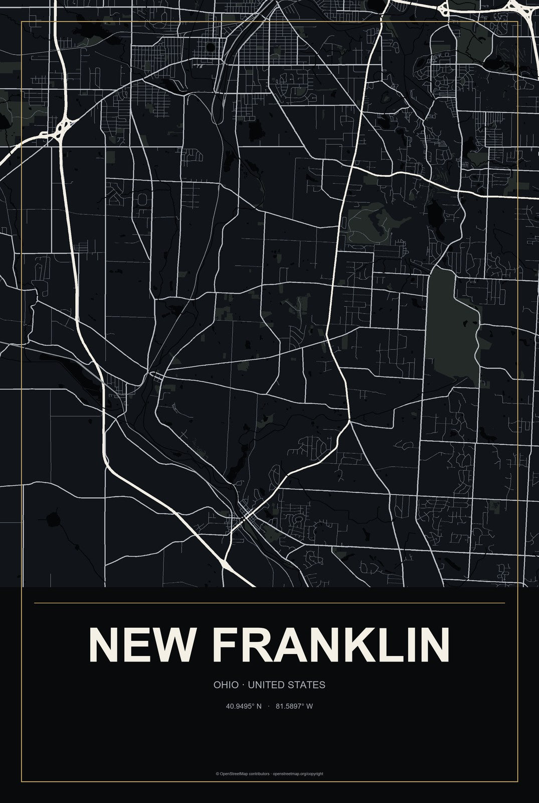 New Franklin, Ohio City Map Aluminum Sign in Metropolitan Noir style