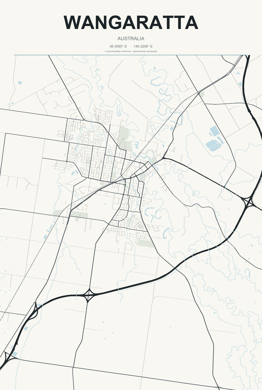 Wangaratta, Australia City Map Aluminum Sign in Headline Atlas style