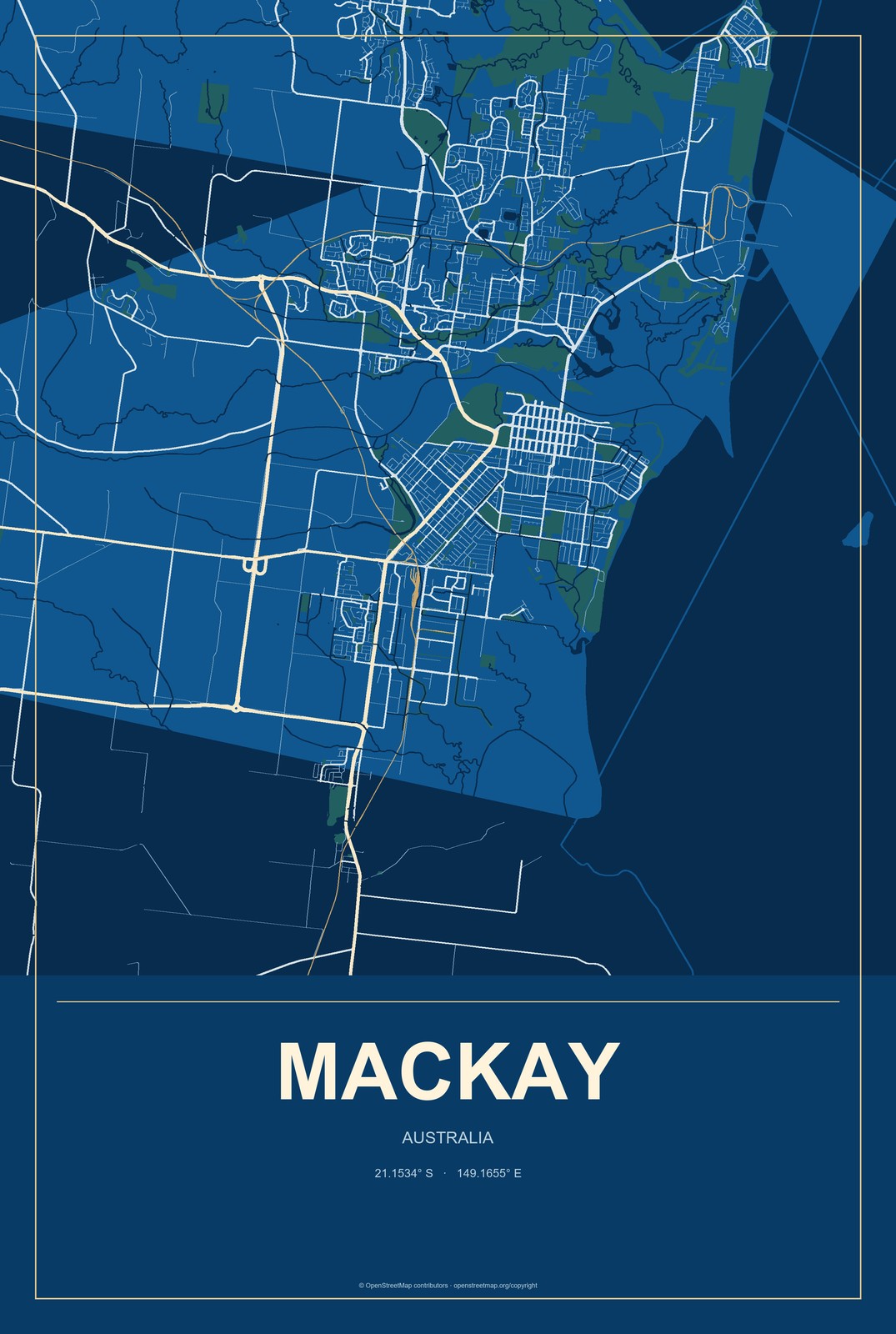Mackay, Australia City Map Aluminum Sign in Harbor Cobalt style