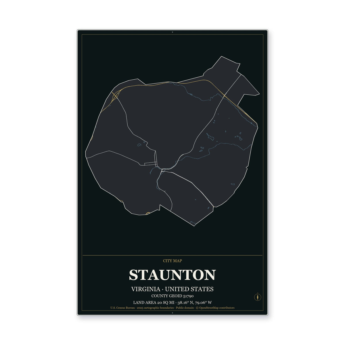 Staunton city, Virginia Map Aluminum Sign in Metropolitan Noir style