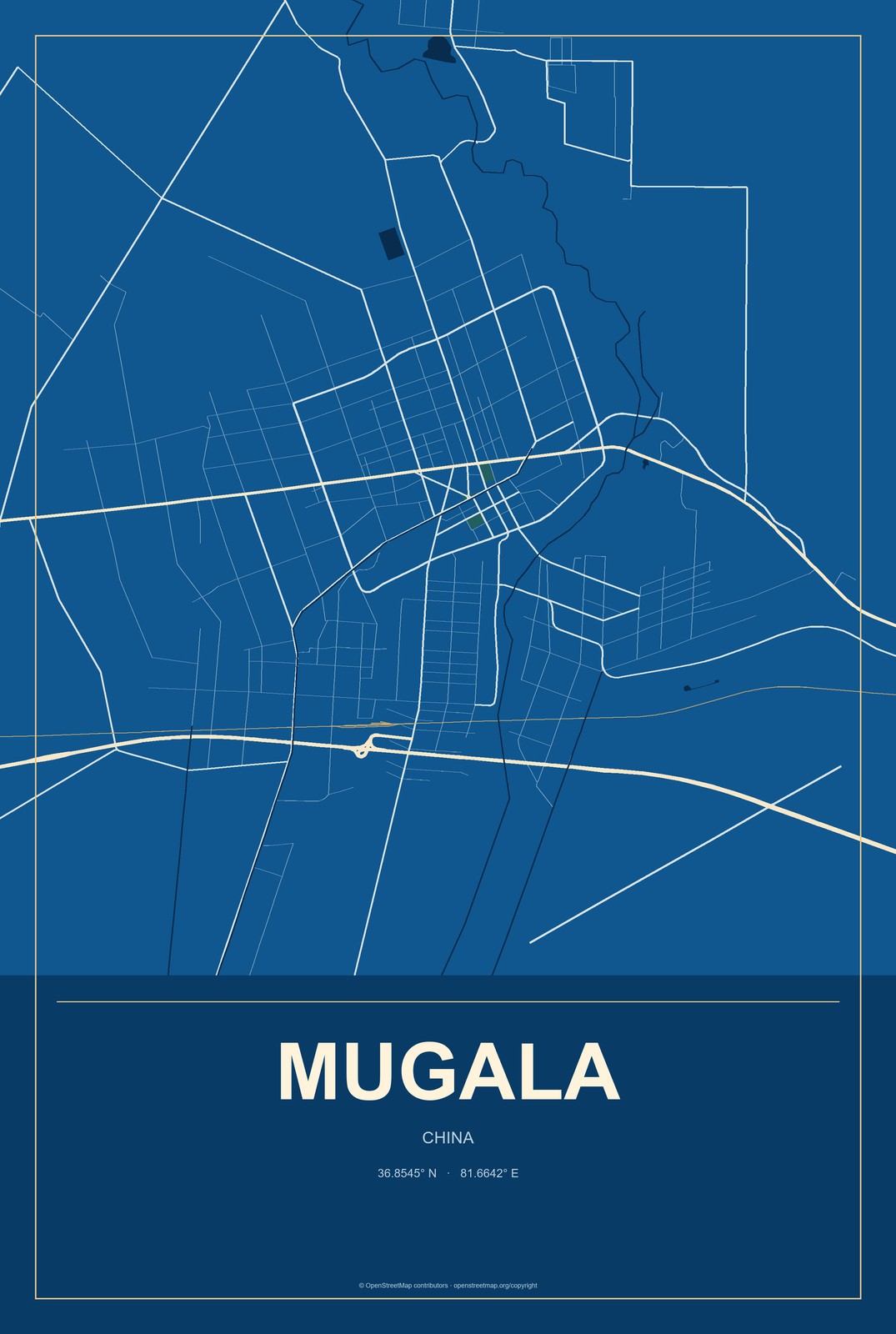 Mugala, China City Map Aluminum Sign in Harbor Cobalt style