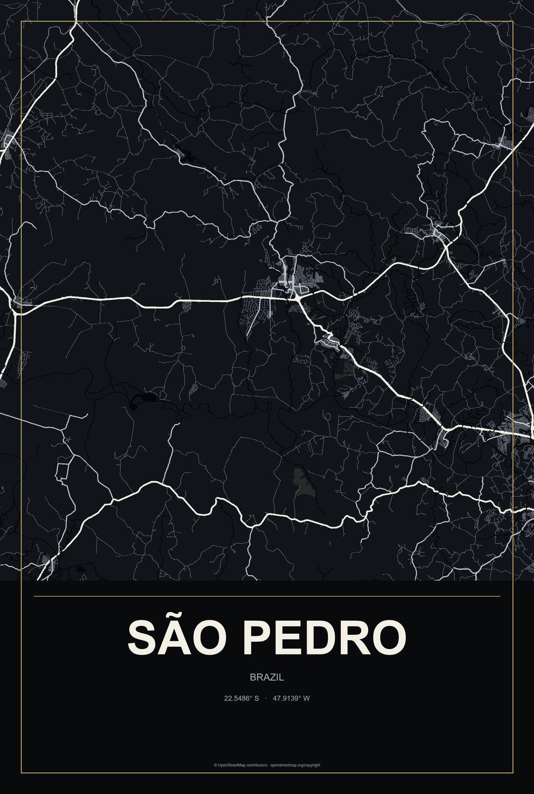 São Pedro, Brazil City Map Aluminum Sign in Metropolitan Noir style