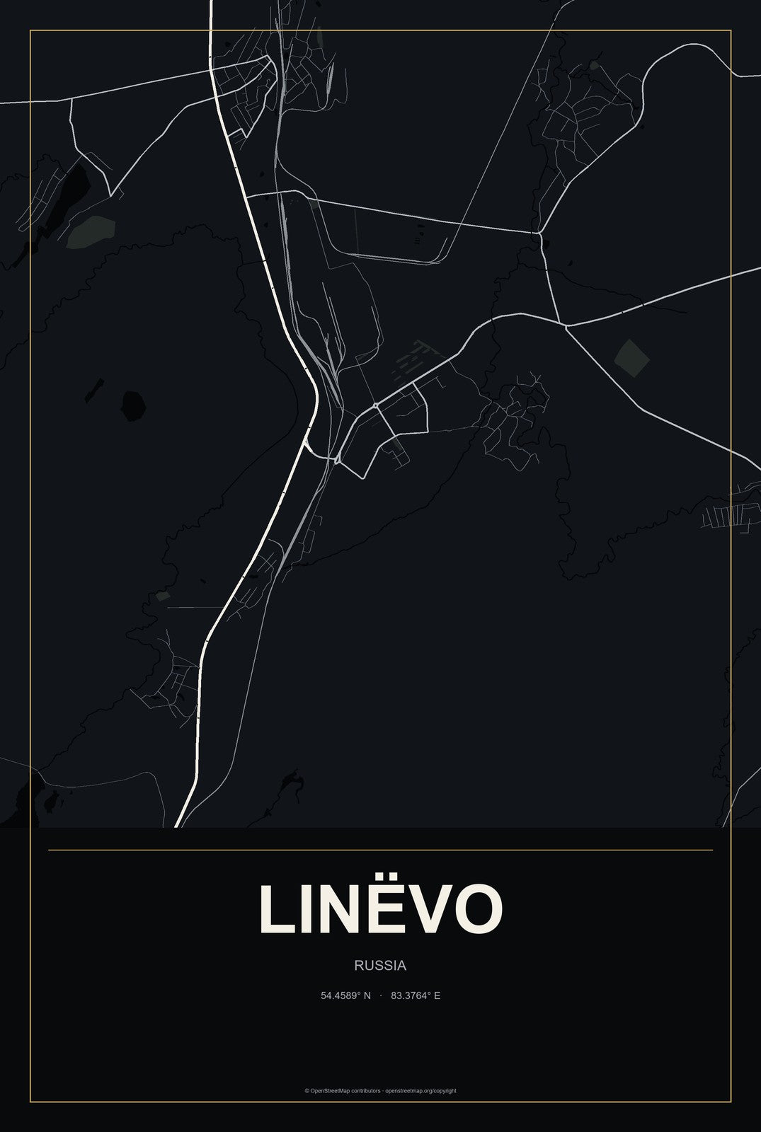Linëvo, Russia City Map Aluminum Sign in Metropolitan Noir style
