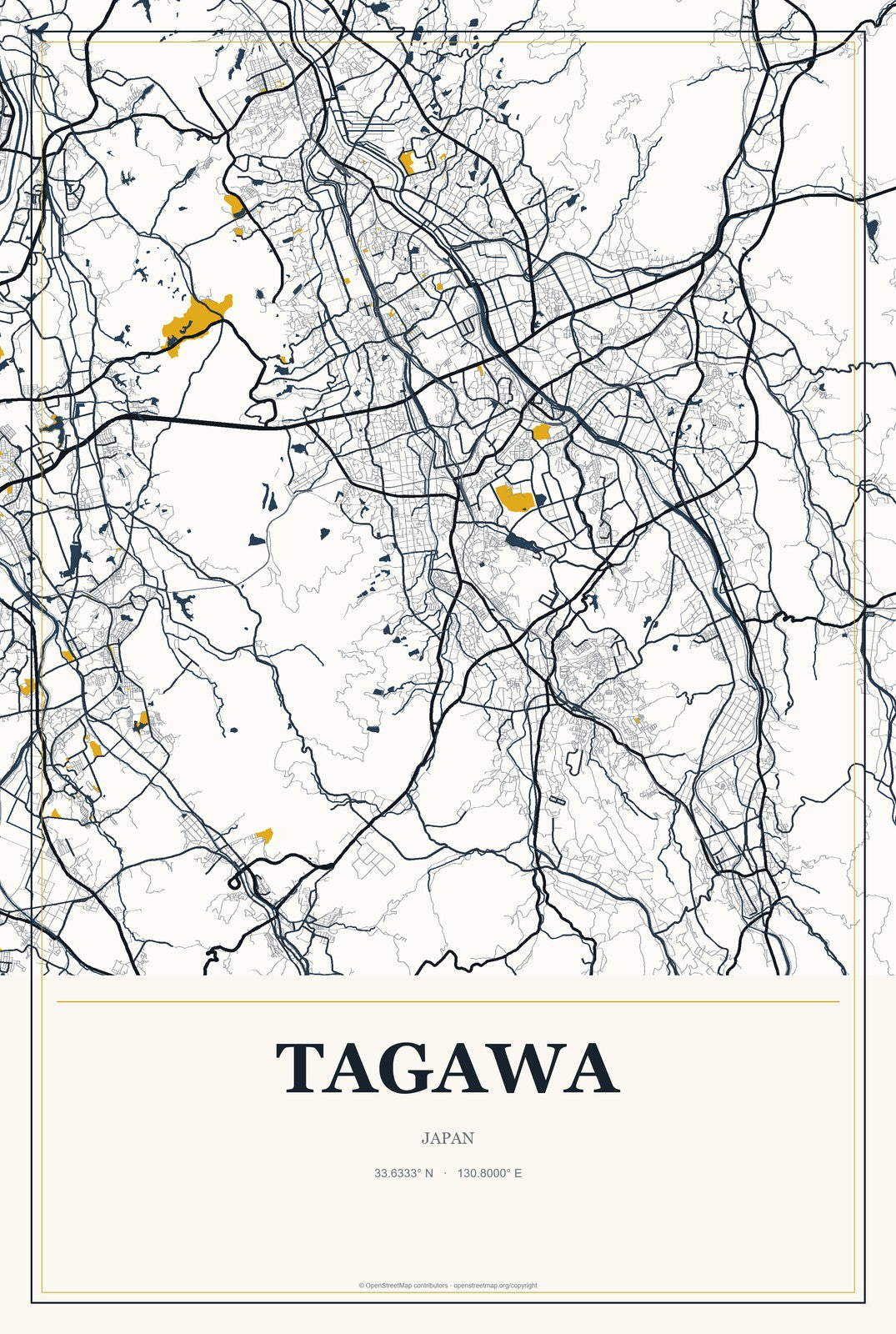 Tagawa, Japan City Map Aluminum Sign in Citrine Modern style