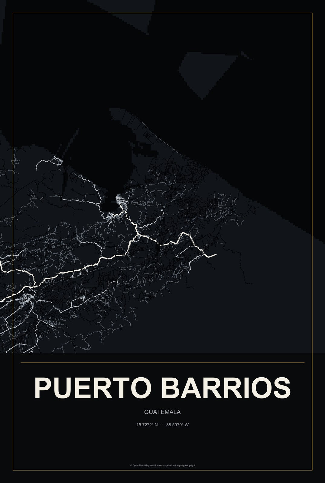 Puerto Barrios, Guatemala City Map Aluminum Sign in Metropolitan Noir style