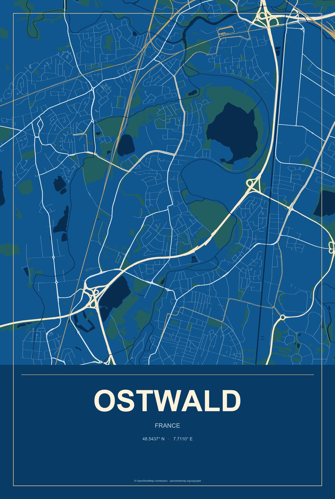 Ostwald, France City Map Aluminum Sign in Harbor Cobalt style