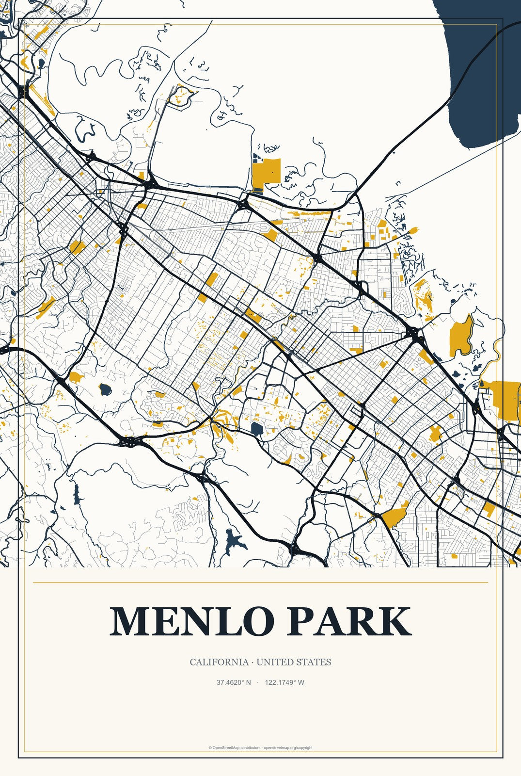 Menlo Park, California City Map Aluminum Sign in Citrine Modern style