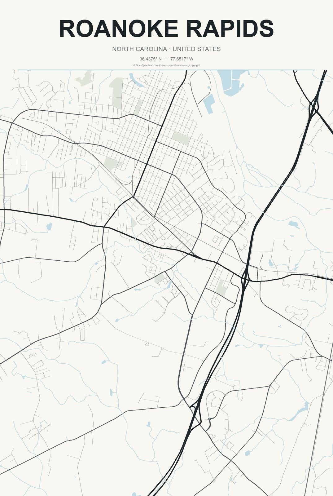 Roanoke Rapids, North Carolina City Map Aluminum Sign in Headline Atlas style