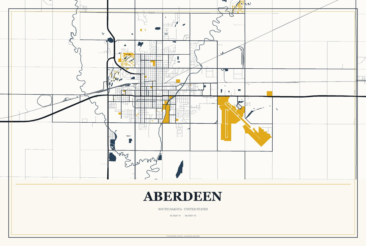 Aberdeen, South Dakota City Map Aluminum Sign in Citrine Modern style