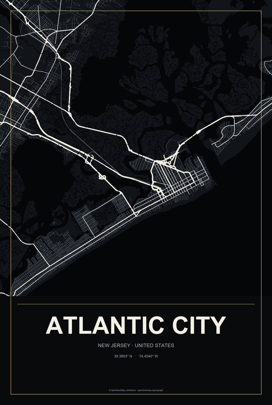 Atlantic City, New Jersey City Map Aluminum Sign in Metropolitan Noir style