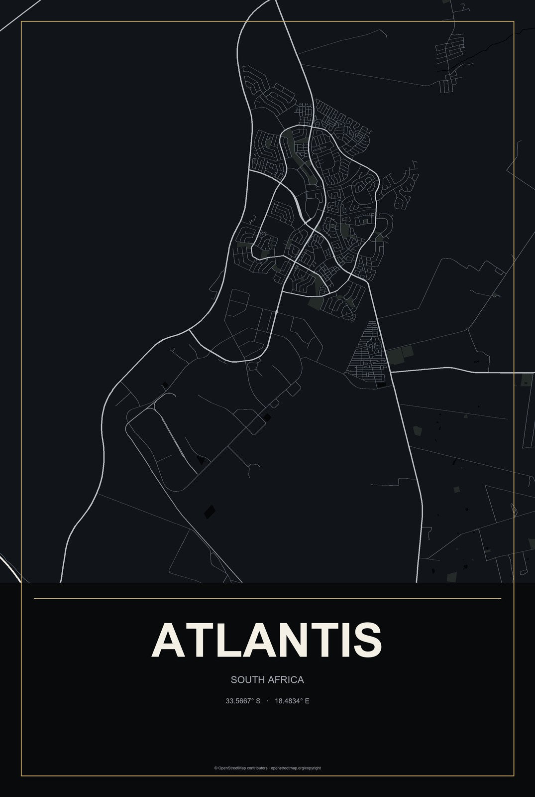 Atlantis, South Africa City Map Aluminum Sign in Metropolitan Noir style