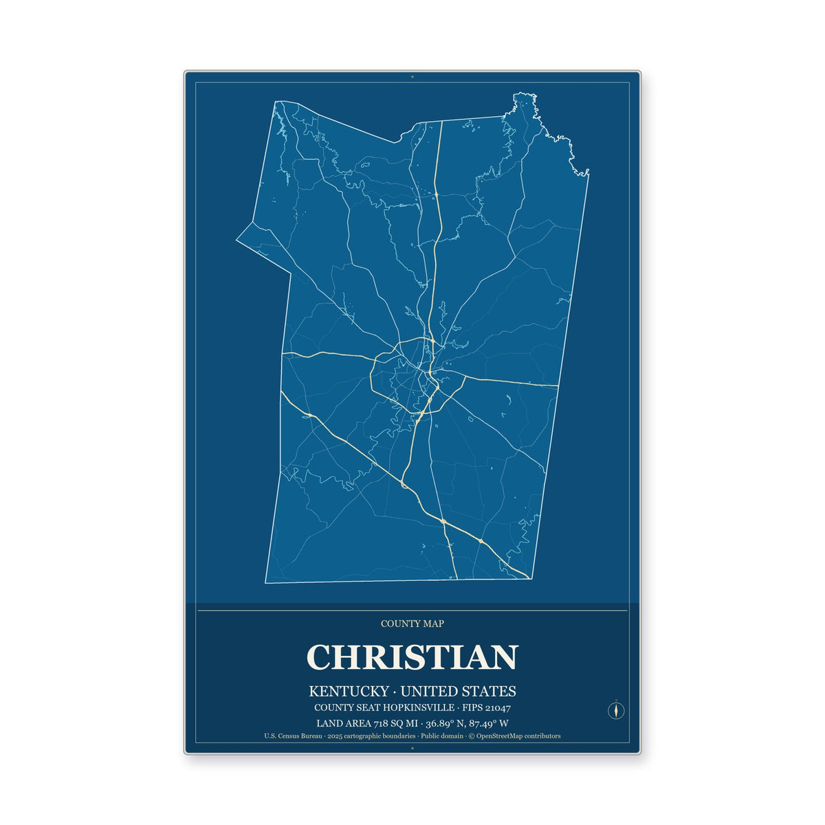 Christian County, Kentucky Map Aluminum Sign in Harbor Cobalt style