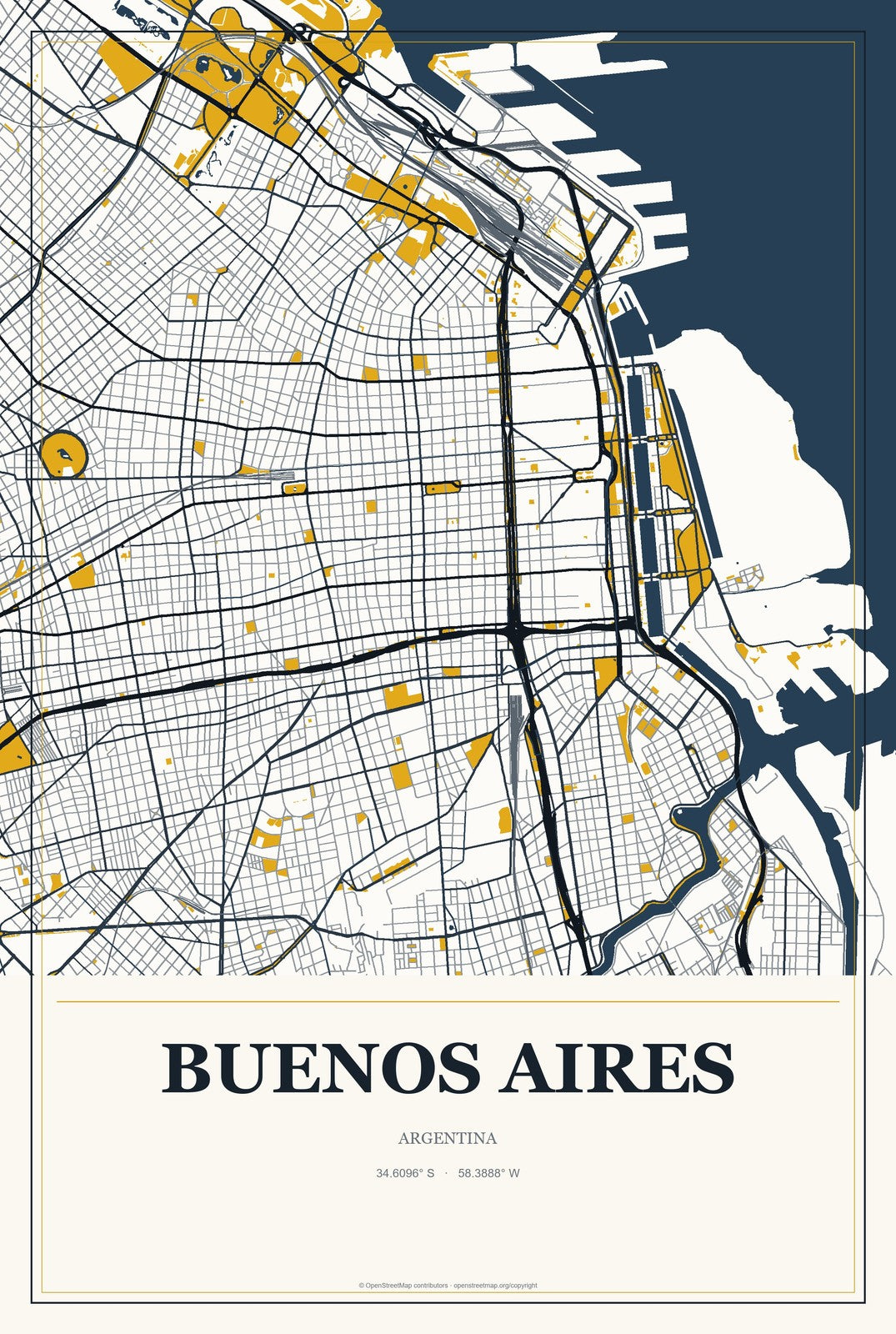 Buenos Aires, Argentina City Map Aluminum Sign in Citrine Modern style