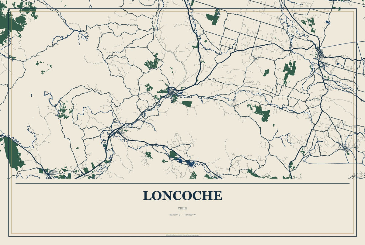 Loncoche, Chile City Map Aluminum Sign in Coastal Cutout style