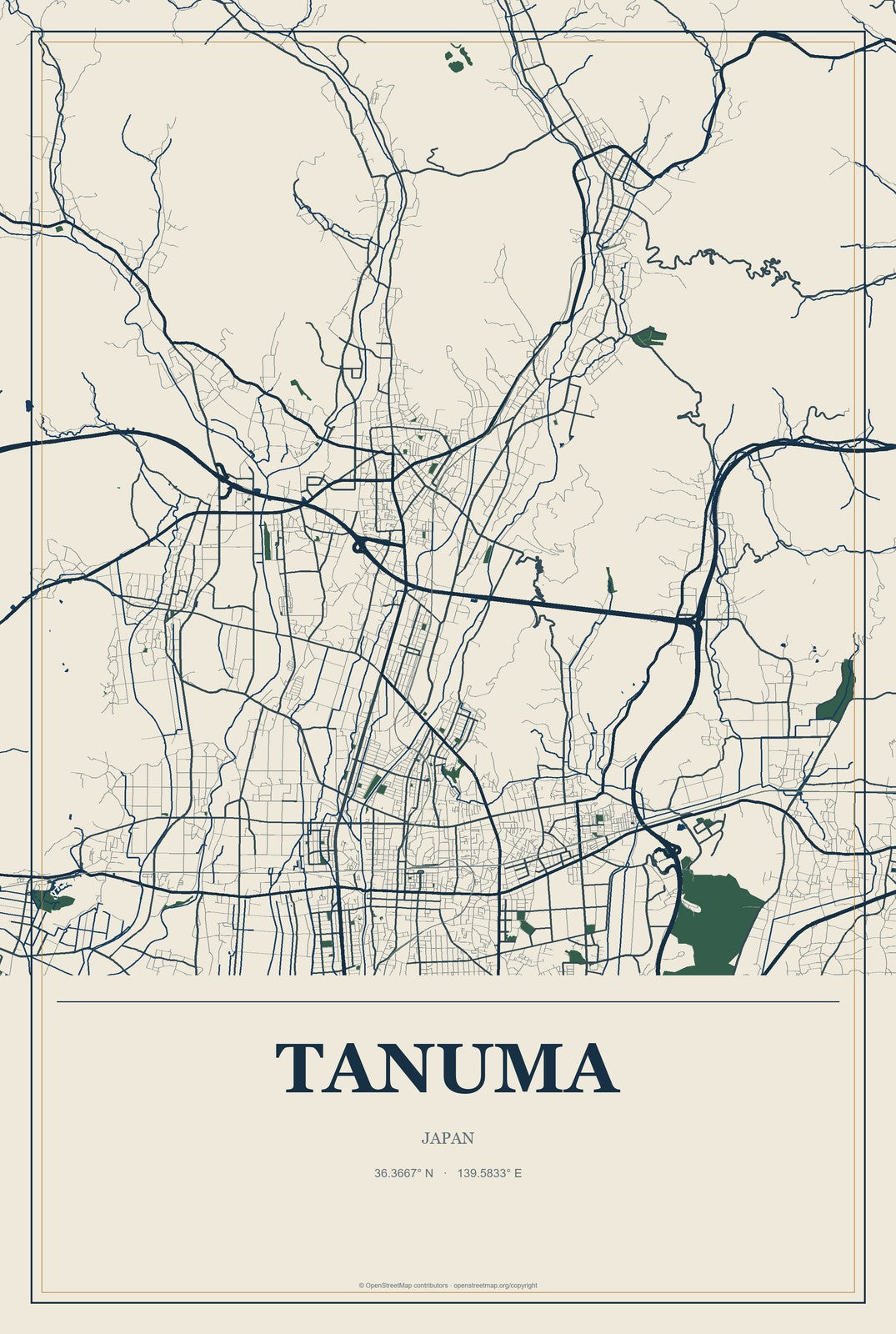 Tanuma, Japan City Map Aluminum Sign in Coastal Cutout style