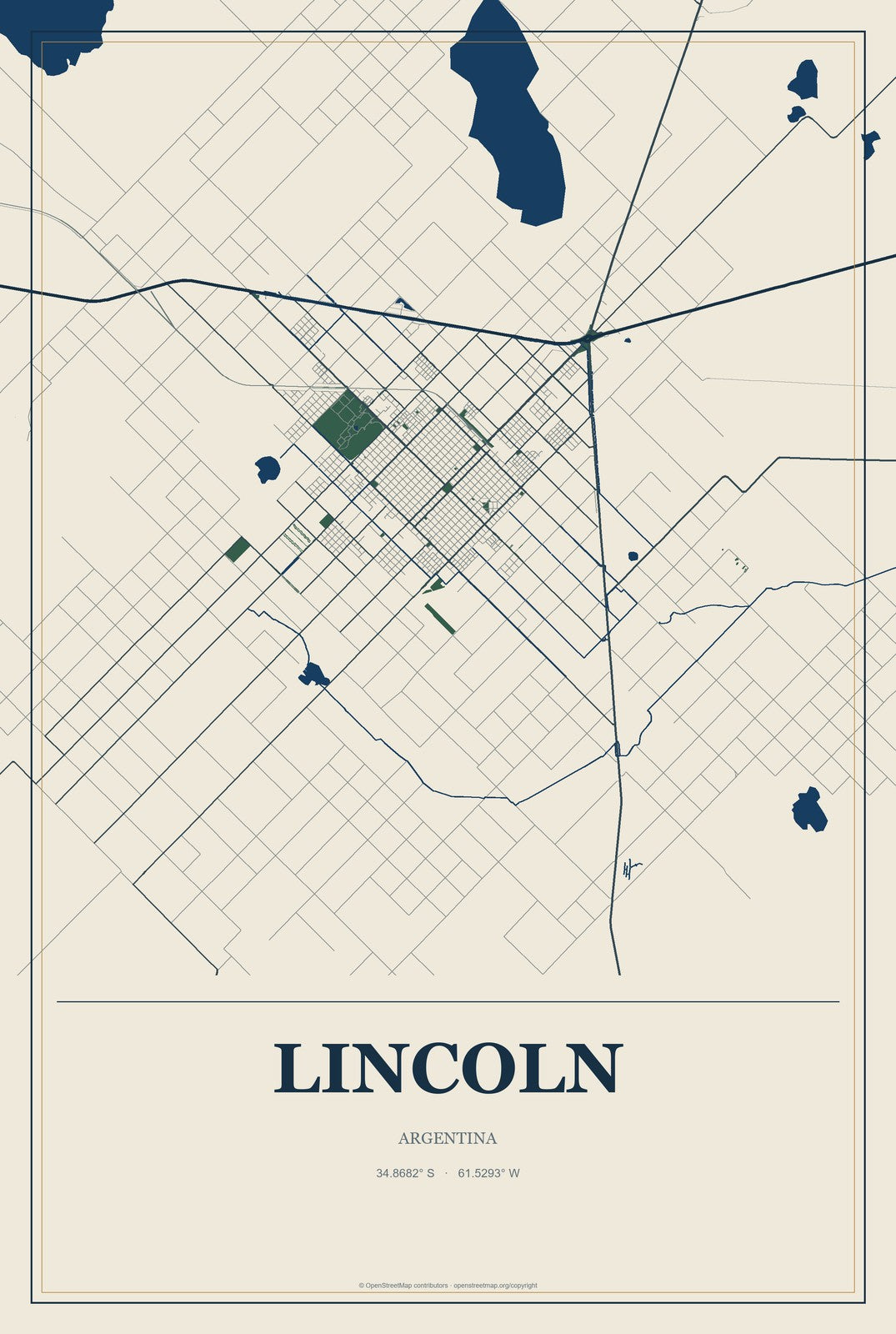 Lincoln, Argentina City Map Aluminum Sign in Coastal Cutout style
