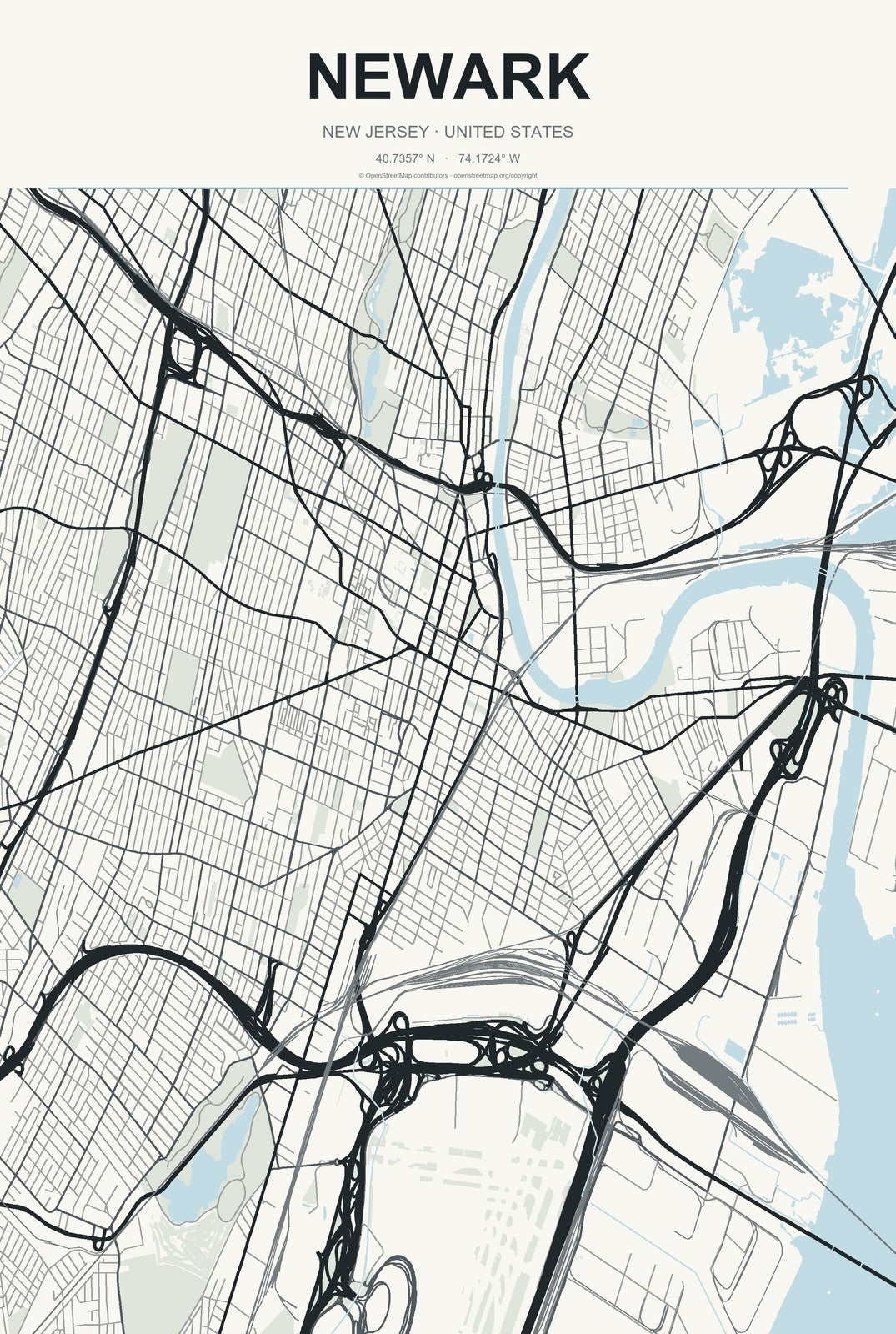 Newark, New Jersey City Map Aluminum Sign in Headline Atlas style