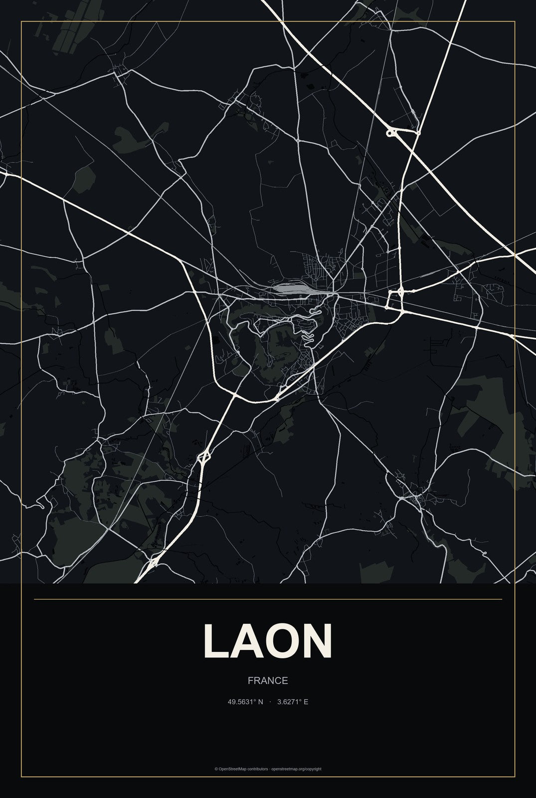 Laon, France City Map Aluminum Sign in Metropolitan Noir style