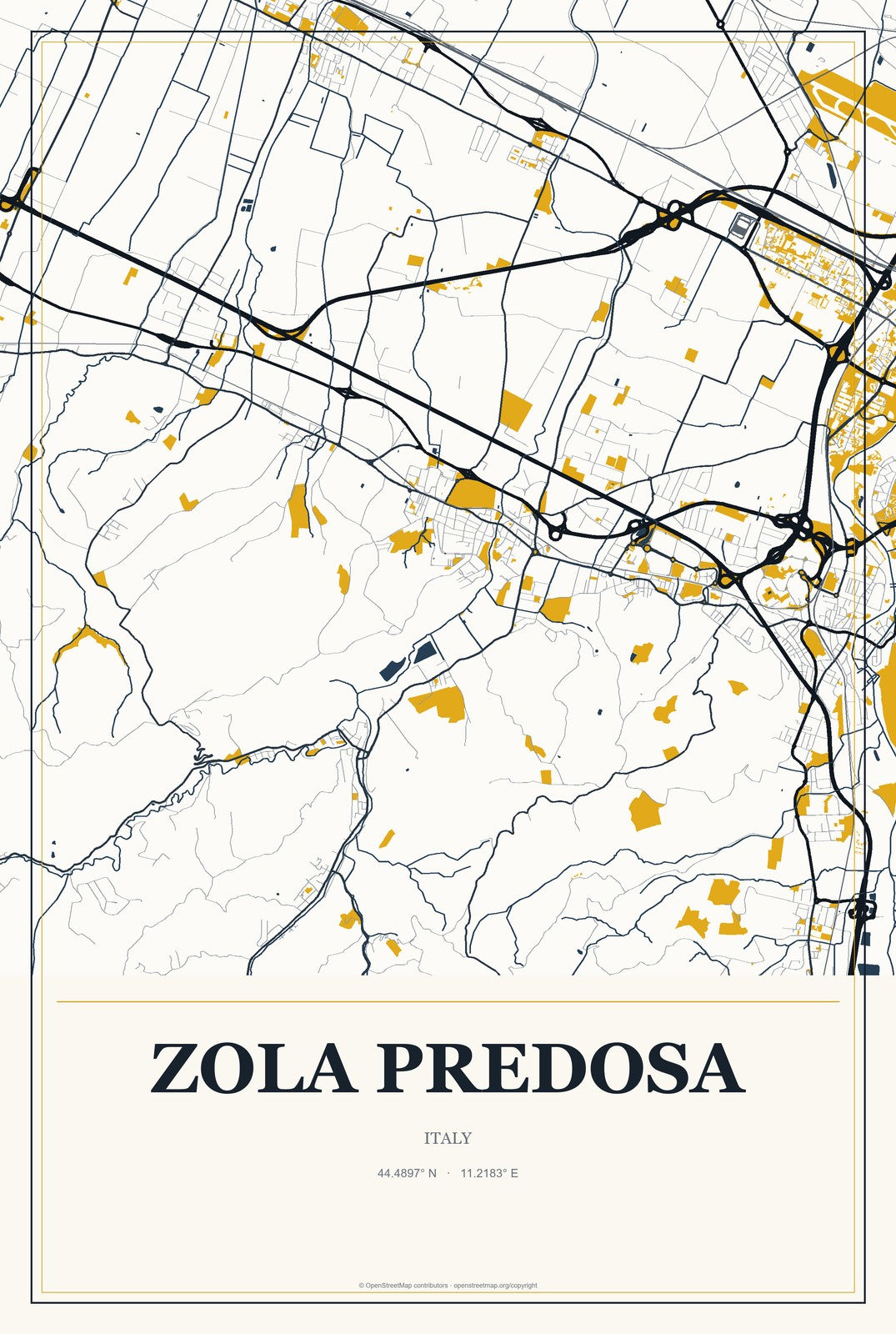 Zola Predosa, Italy City Map Aluminum Sign in Citrine Modern style