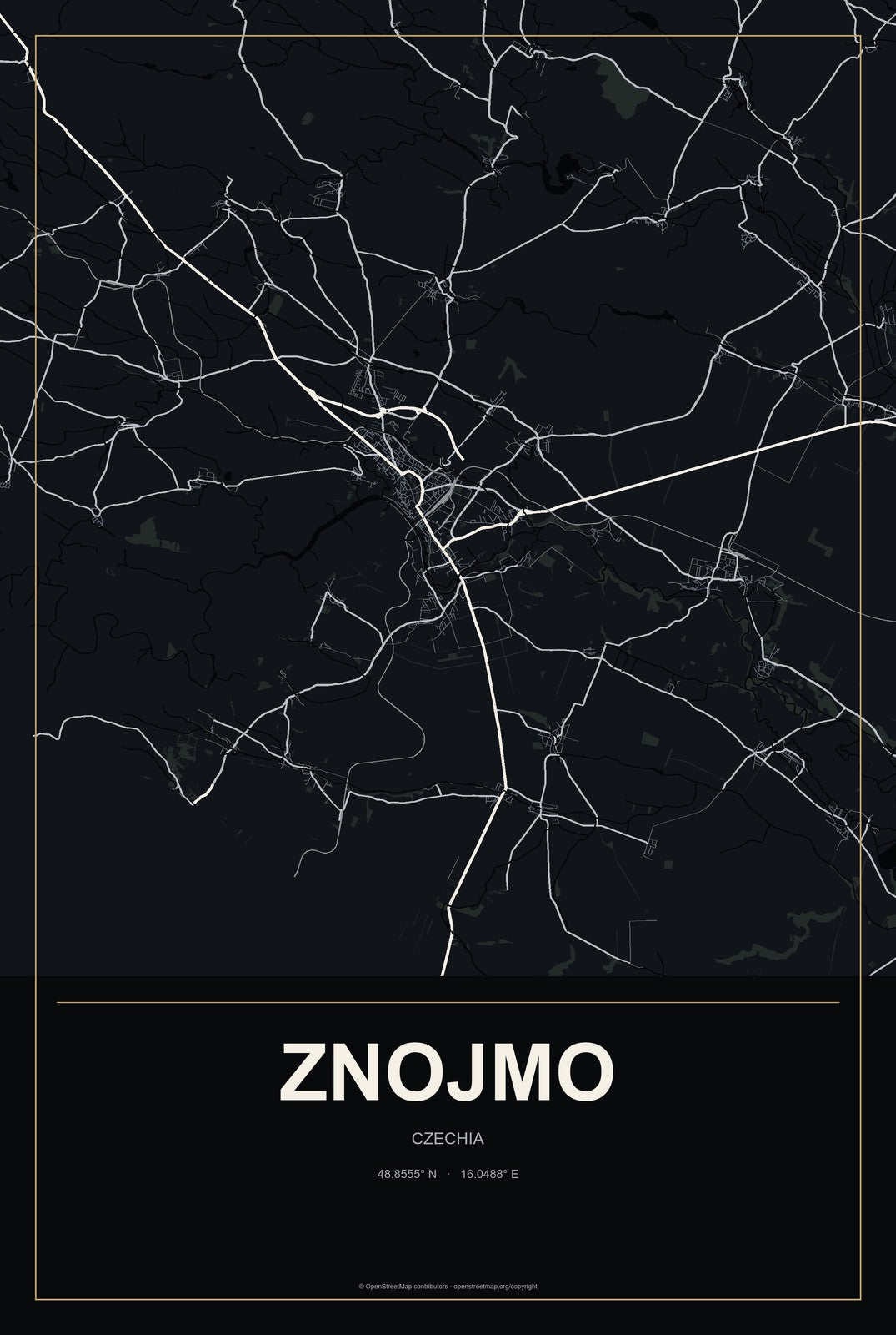 Znojmo, Czechia City Map Aluminum Sign in Metropolitan Noir style
