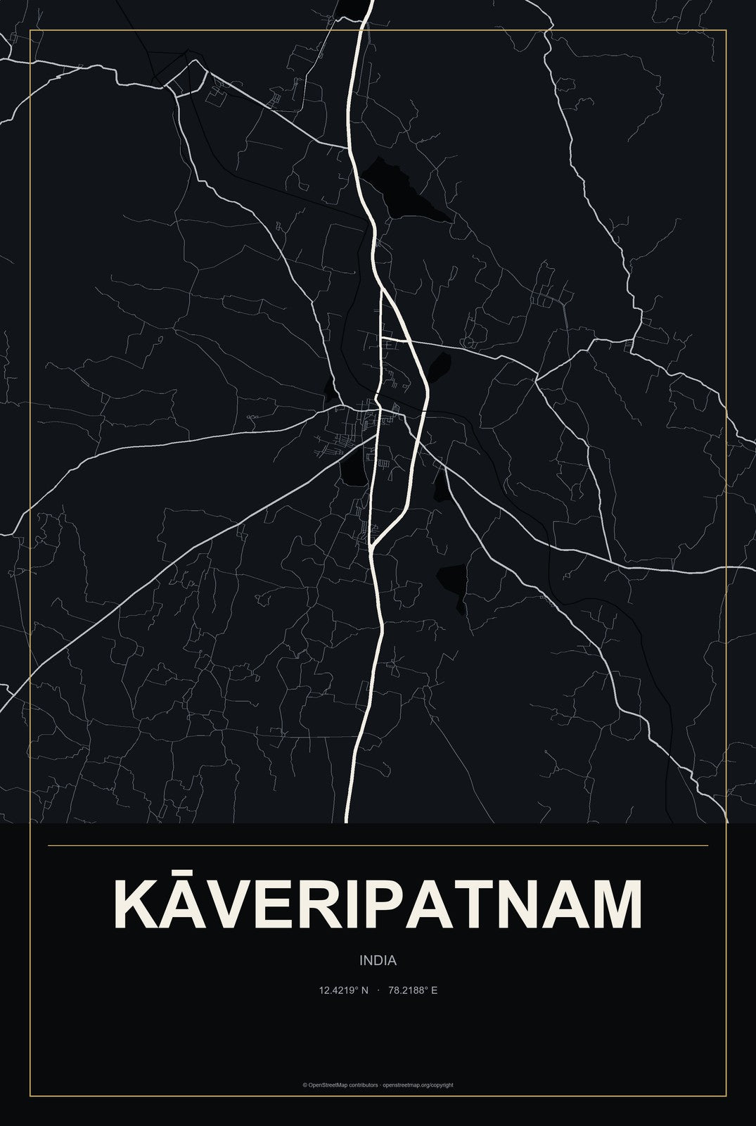 Kāveripatnam, India City Map Aluminum Sign in Metropolitan Noir style