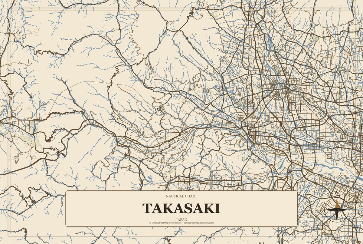 Takasaki, Japan City Map Aluminum Sign in Heritage Nautical style