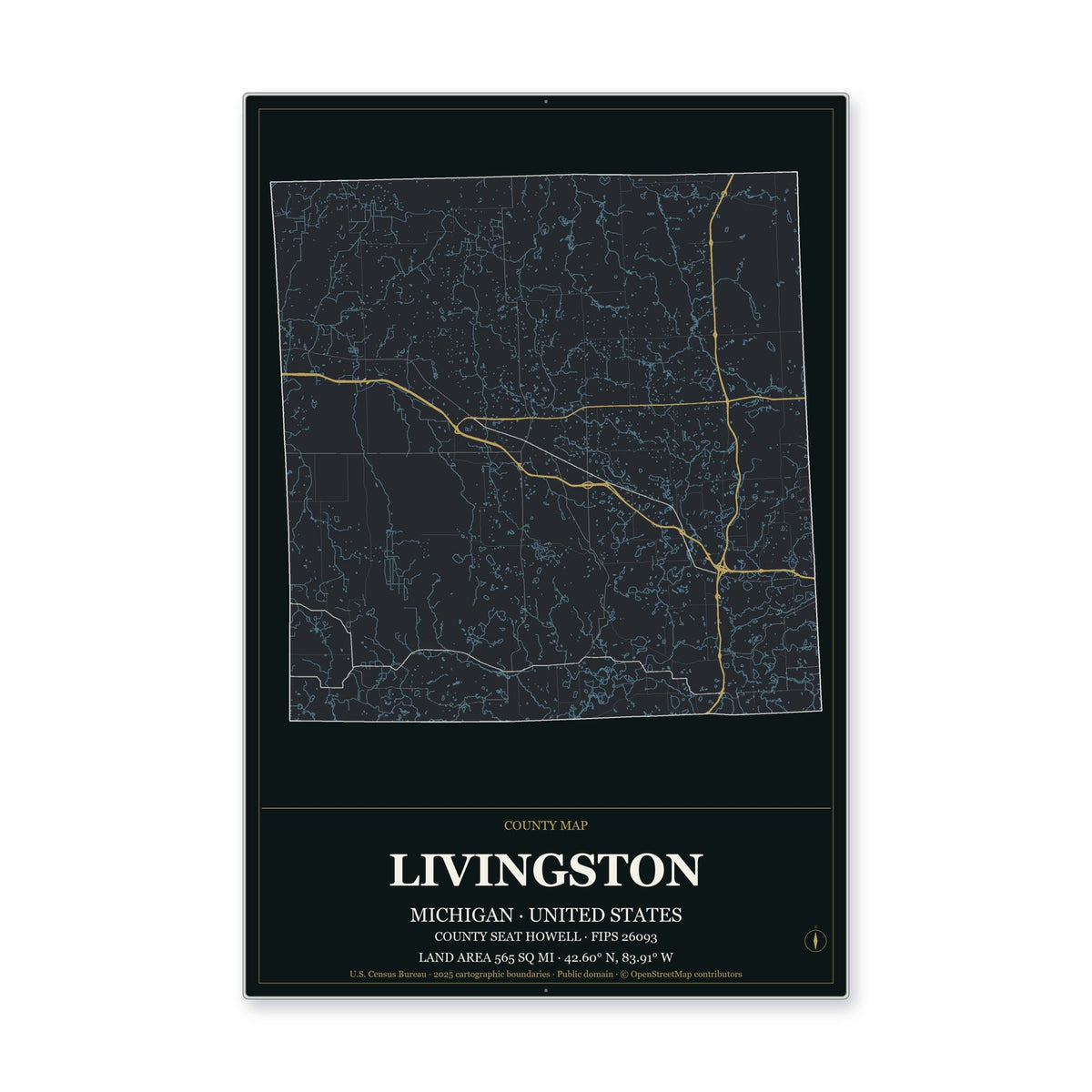 Livingston County, Michigan Map Aluminum Sign in Metropolitan Noir style